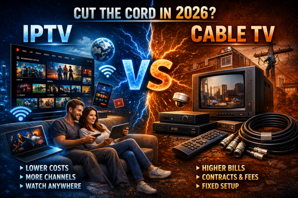 Xtreme HD IPTV vs traditional cable TV comparison showing cost, channels, and streaming flexibility differences in 2026.
